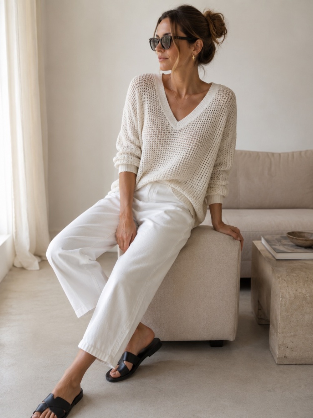 Anine Bing Cream V-Neck Open Knit Sweater